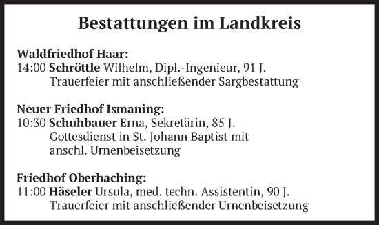 Traueranzeige von Bestattungen vom 15.01.2026 von merkurtz