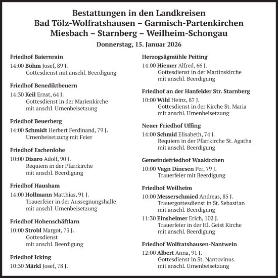 Traueranzeige von Bestattungen vom 15.01.2026 von merkurtz