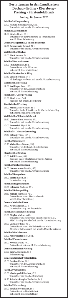  Traueranzeige für Bestattungen vom 16.01.2026 vom 16.01.2026 aus merkurtz