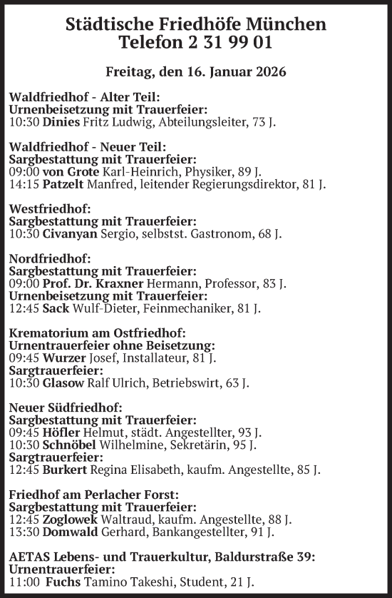 Traueranzeige von Bestattungen vom 16.01.2026 von merkurtz