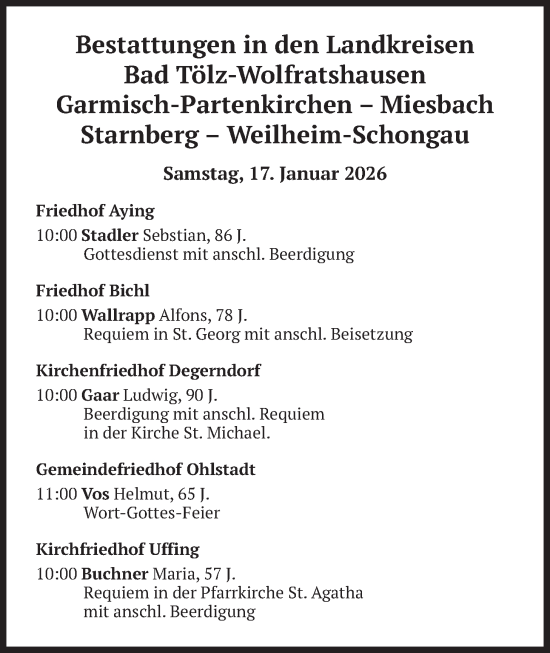 Traueranzeige von Bestattungen vom 17.01.2026 von merkurtz