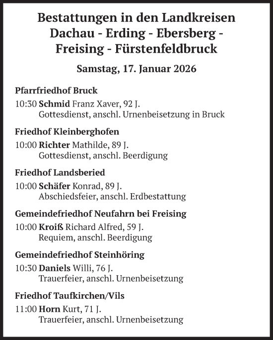 Traueranzeige von Bestattungen vom 17.01.2026 von merkurtz