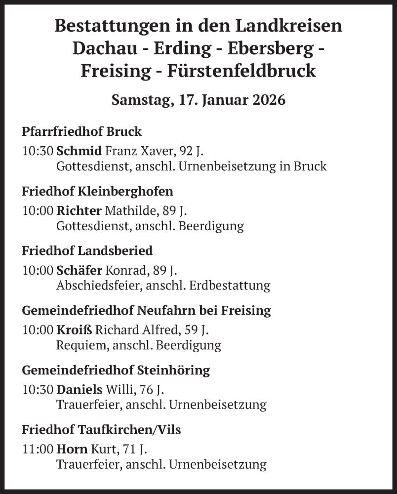  Traueranzeige für Bestattungen vom 17.01.2026 vom 17.01.2026 aus merkurtz