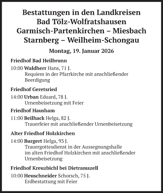 Traueranzeige von Bestattungen vom 19.01.2026 von merkurtz