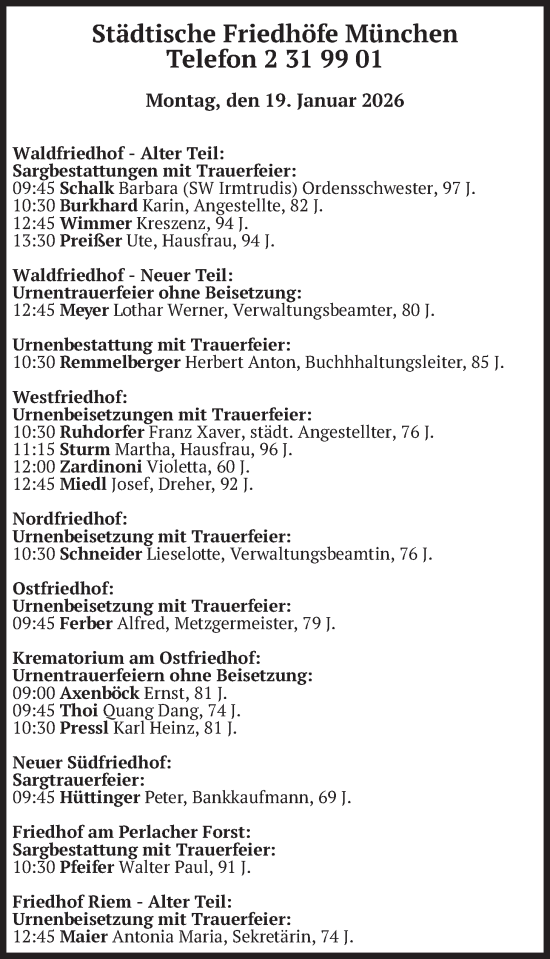 Traueranzeige von Bestattungen vom 19.01.2026 von merkurtz