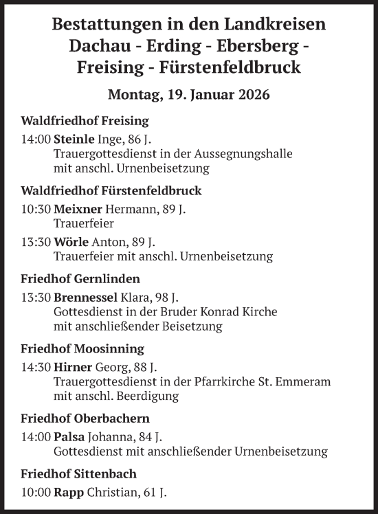 Traueranzeige von Bestattungen vom 19.01.2026 von merkurtz