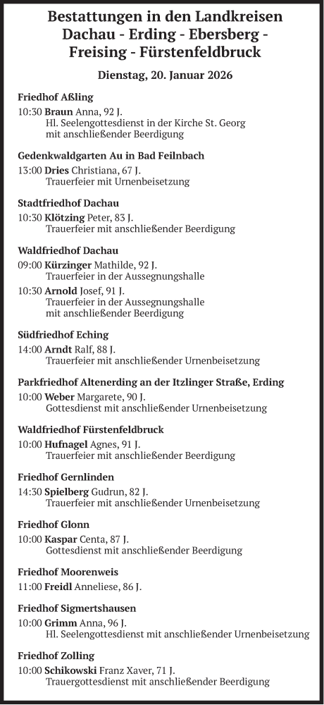Traueranzeige von Bestattungen vom 20.01.2026 von merkurtz