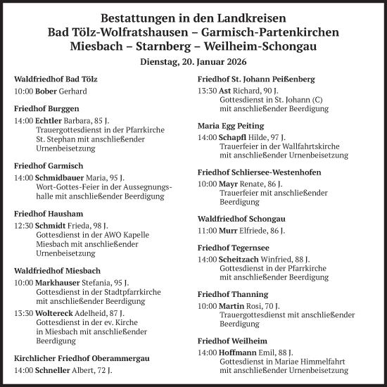 Traueranzeige von Bestattungen vom 20.01.2026 von merkurtz
