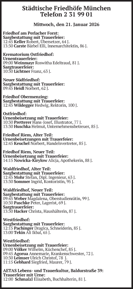 Traueranzeige von Bestattungen vom 21.01.2026 von merkurtz