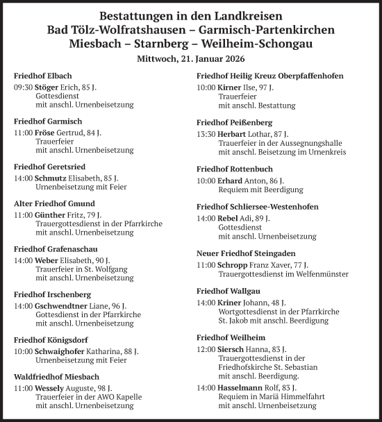 Traueranzeige von Bestattungen vom 21.01.2026 von merkurtz