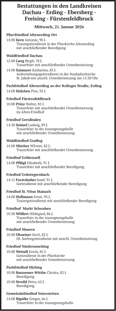 Traueranzeige von Bestattungen vom 21.01.2026 von merkurtz