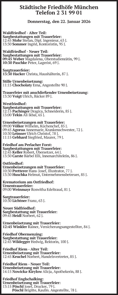  Traueranzeige für Bestattungen vom 22.01.2026 vom 22.01.2026 aus merkurtz
