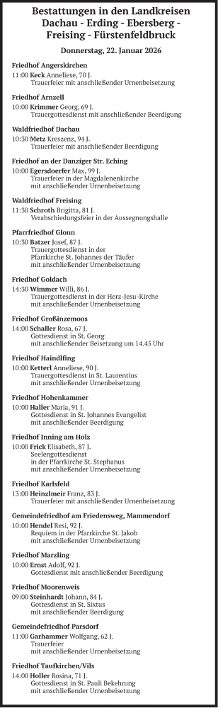 Traueranzeige von Bestattungen vom 22.01.2026 von merkurtz
