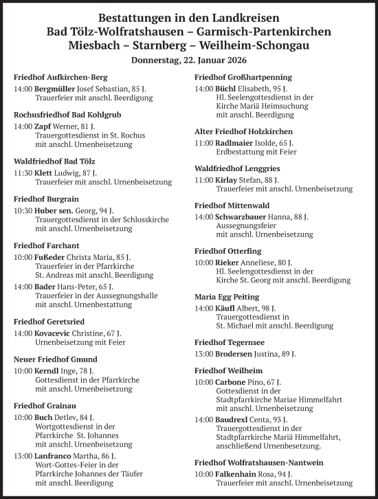 Traueranzeige von Bestattungen vom 22.01.2026 von merkurtz