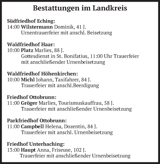 Traueranzeige von Bestattungen vom 23.01.2026 von merkurtz
