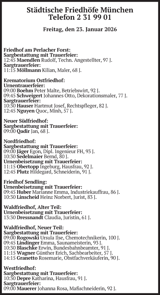  Traueranzeige für Bestattungen vom 23.01.2026 vom 23.01.2026 aus merkurtz