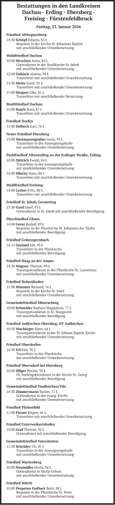  Traueranzeige für Bestattungen vom 23.01.2026 vom 23.01.2026 aus merkurtz