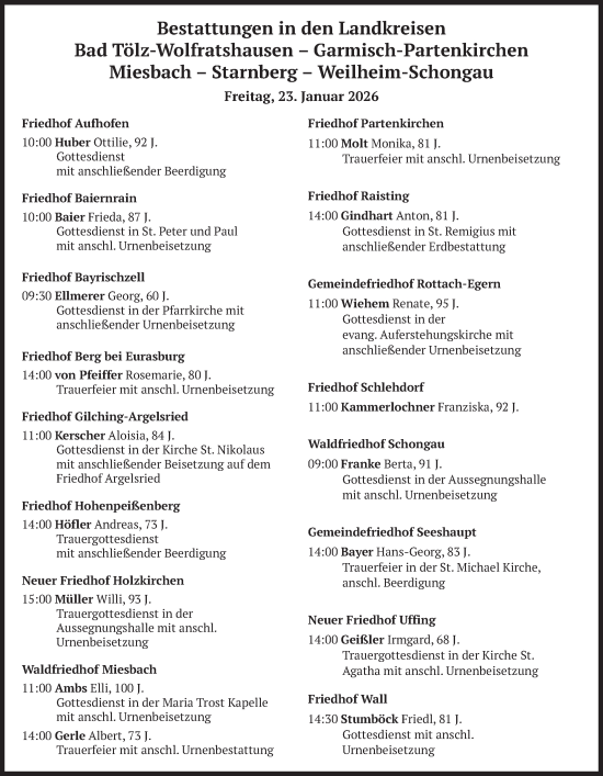 Traueranzeige von Bestattungen vom 23.01.2026 von merkurtz