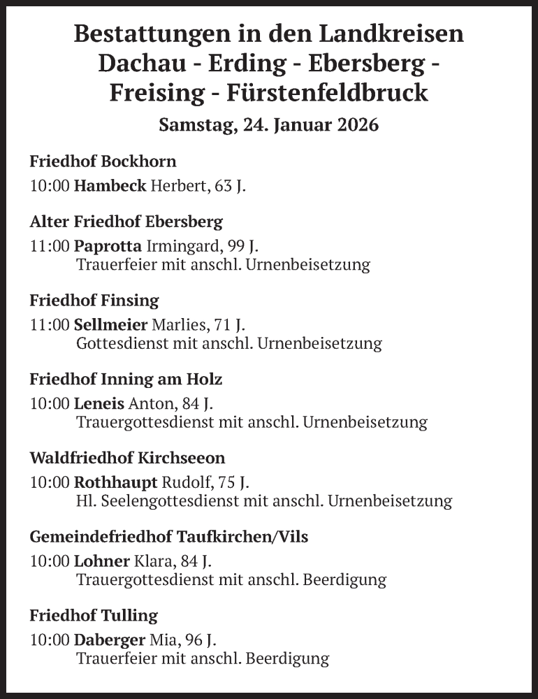  Traueranzeige für Bestattungen vom 24.01.2026 vom 24.01.2026 aus merkurtz