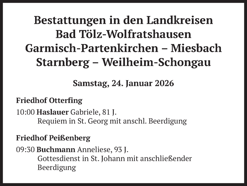  Traueranzeige für Bestattungen vom 24.01.2026 vom 24.01.2026 aus merkurtz
