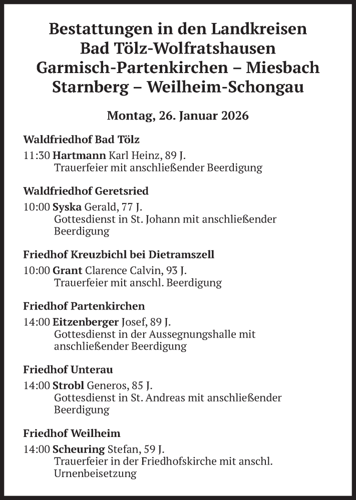  Traueranzeige für Bestattungen vom 26.01.2026 vom 26.01.2026 aus merkurtz