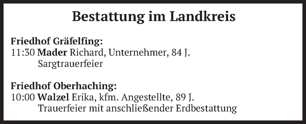  Traueranzeige für Bestattungen vom 26.01.2026 vom 26.01.2026 aus merkurtz