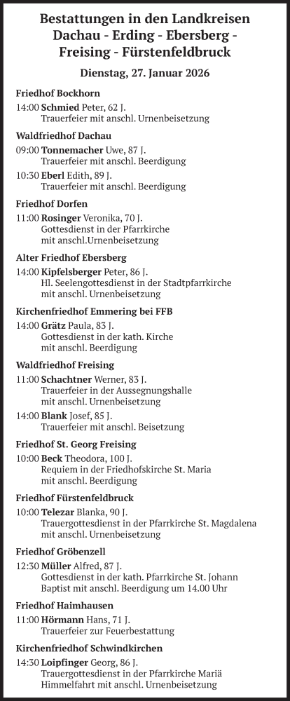  Traueranzeige für Bestattungen vom 27.01.2026 vom 27.01.2026 aus merkurtz