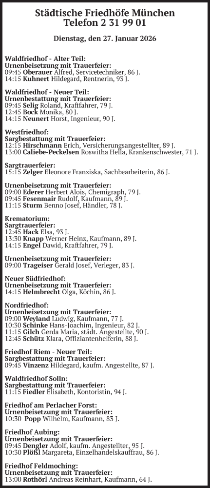  Traueranzeige für Bestattungen vom 27.01.2026 vom 27.01.2026 aus merkurtz