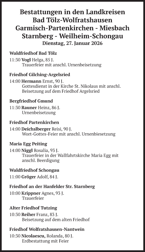  Traueranzeige für Bestattungen vom 27.01.2026 vom 27.01.2026 aus merkurtz