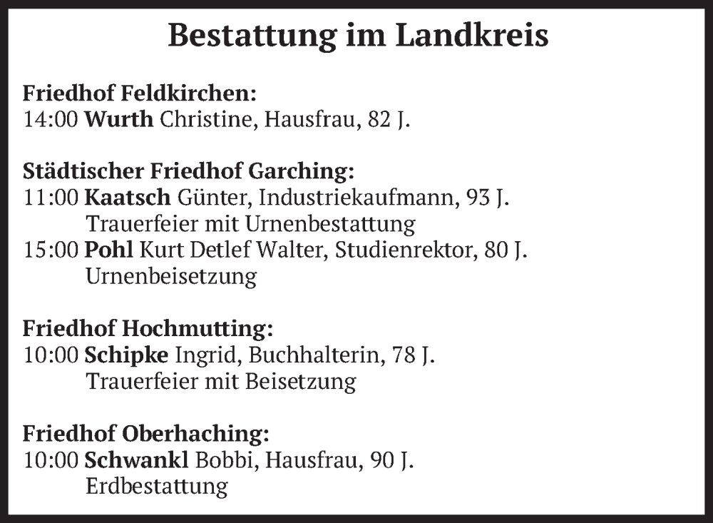  Traueranzeige für Bestattungen vom 28.01.2026 vom 28.01.2026 aus merkurtz