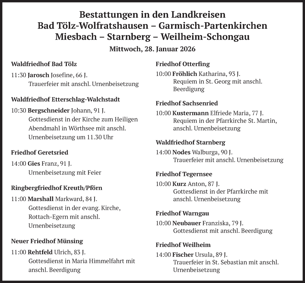  Traueranzeige für Bestattungen vom 28.01.2026 vom 28.01.2026 aus merkurtz