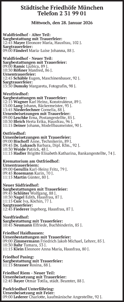  Traueranzeige für Bestattungen vom 28.01.2026 vom 28.01.2026 aus merkurtz