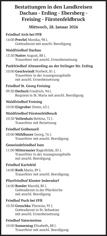  Traueranzeige für Bestattungen vom 28.01.2026 vom 28.01.2026 aus merkurtz