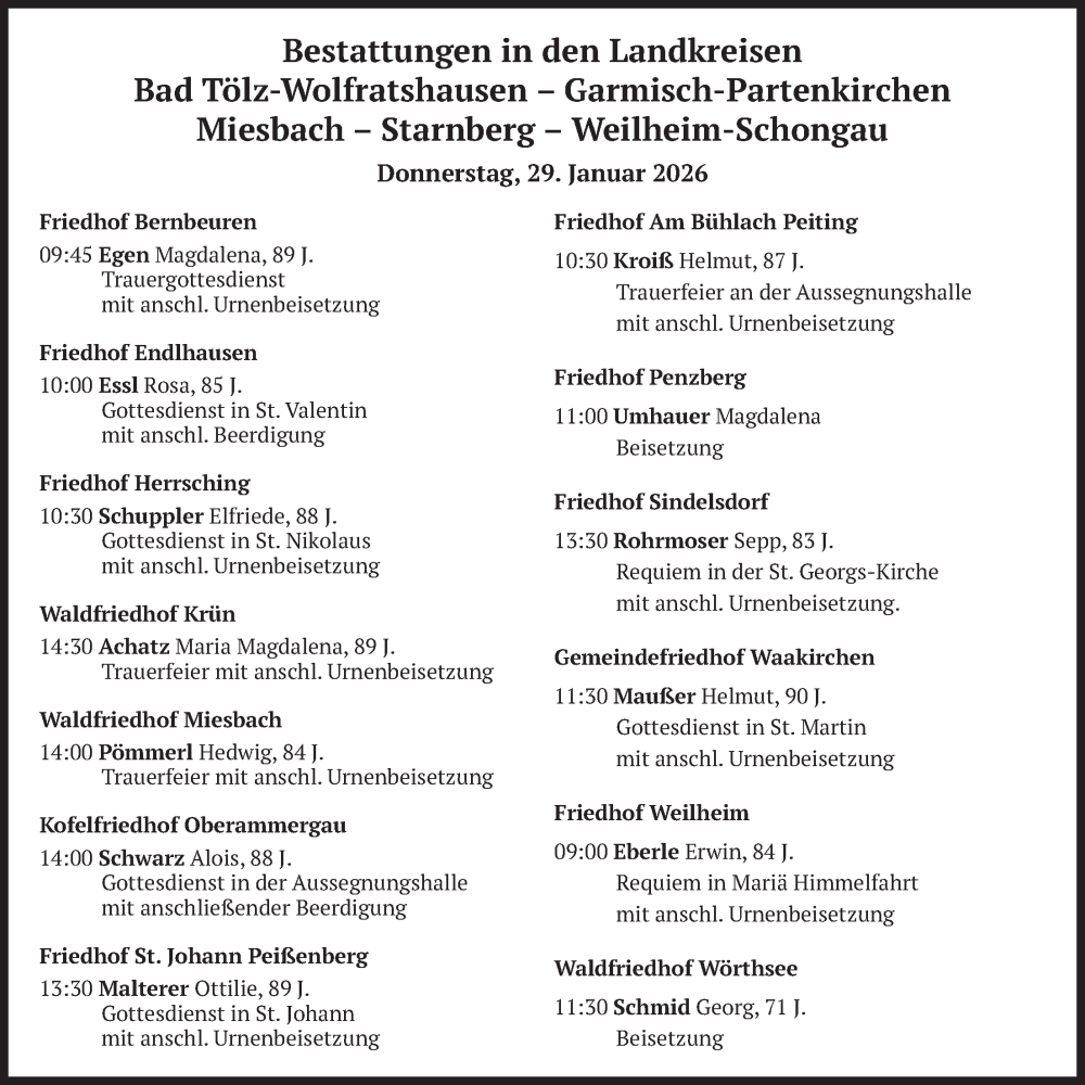  Traueranzeige für Bestattungen vom 29.01.2026 vom 29.01.2026 aus merkurtz