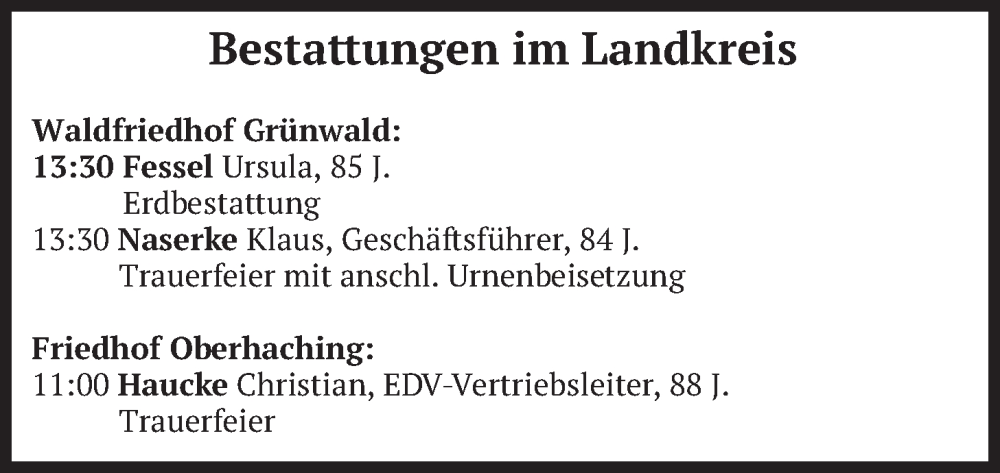  Traueranzeige für Bestattungen vom 29.01.2026 vom 29.01.2026 aus merkurtz