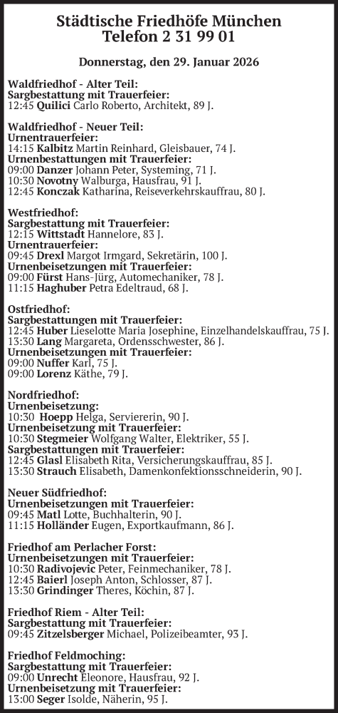  Traueranzeige für Bestattungen vom 29.01.2026 vom 29.01.2026 aus merkurtz