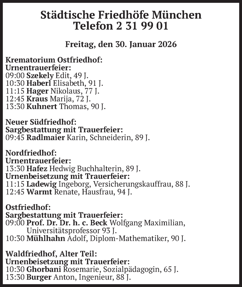 Traueranzeige für Bestattungen vom 30.01.2026 vom 30.01.2026 aus merkurtz