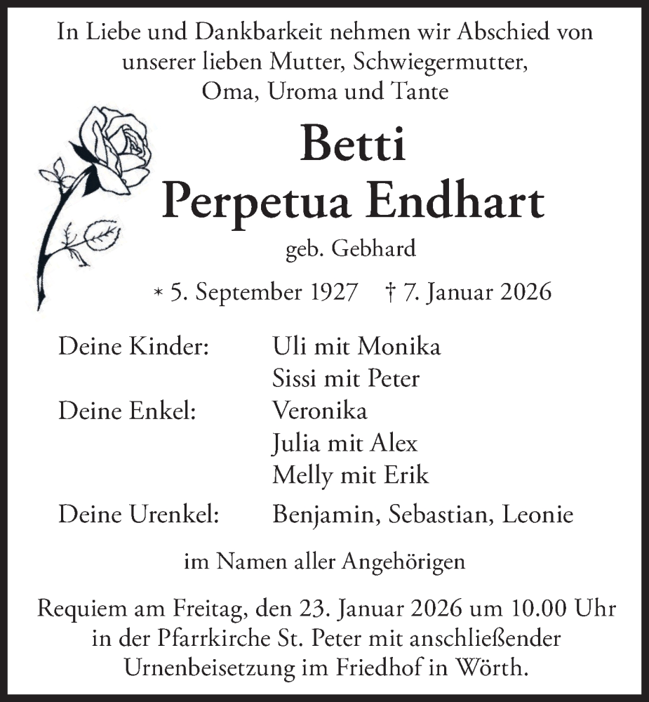  Traueranzeige für Betti Perpetua Endhart vom 17.01.2026 aus merkurtz