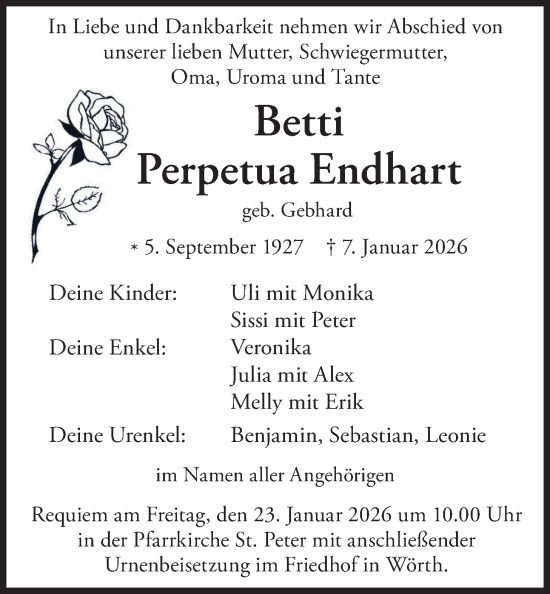 Traueranzeige von Betti Perpetua Endhart von merkurtz