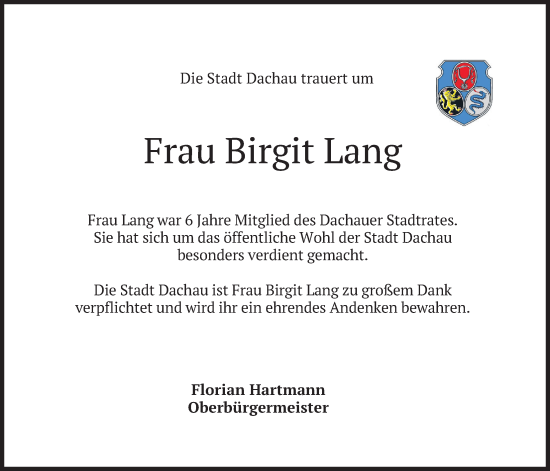 Traueranzeige von Birgit Lang von merkurtz