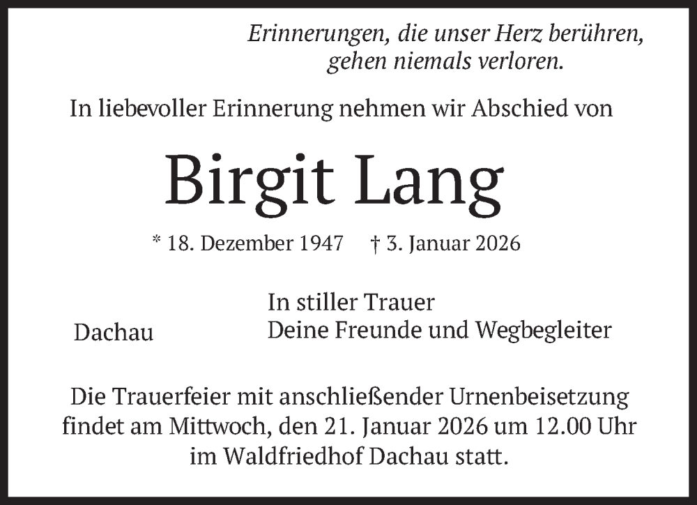  Traueranzeige für Birgit Lang vom 17.01.2026 aus merkurtz