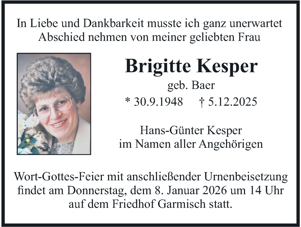 Traueranzeige für Brigitte Kesper vom 03.01.2026 aus merkurtz