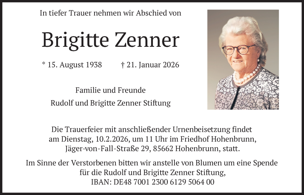  Traueranzeige für Brigitte Zenner vom 31.01.2026 aus merkurtz