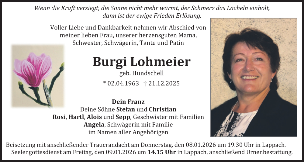  Traueranzeige für Burgi Lohmeier vom 07.01.2026 aus merkurtz