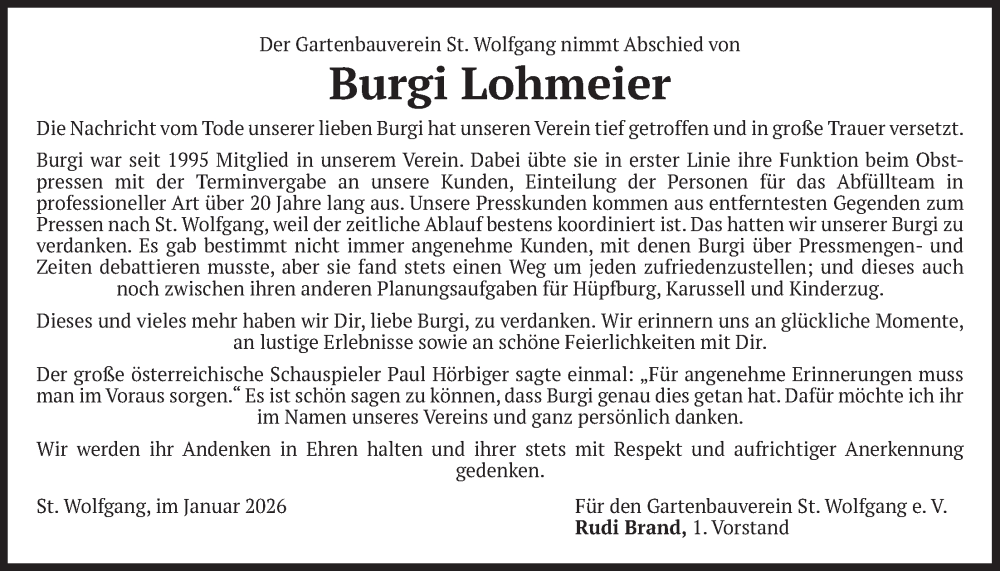  Traueranzeige für Burgi Lohmeier vom 17.01.2026 aus merkurtz