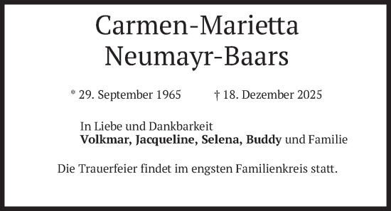 Traueranzeige von Carmen-Marietta Neumayr-Baars von merkurtz
