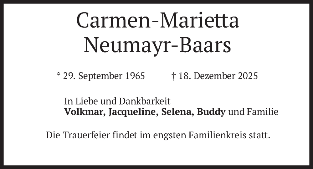  Traueranzeige für Carmen-Marietta Neumayr-Baars vom 31.01.2026 aus merkurtz