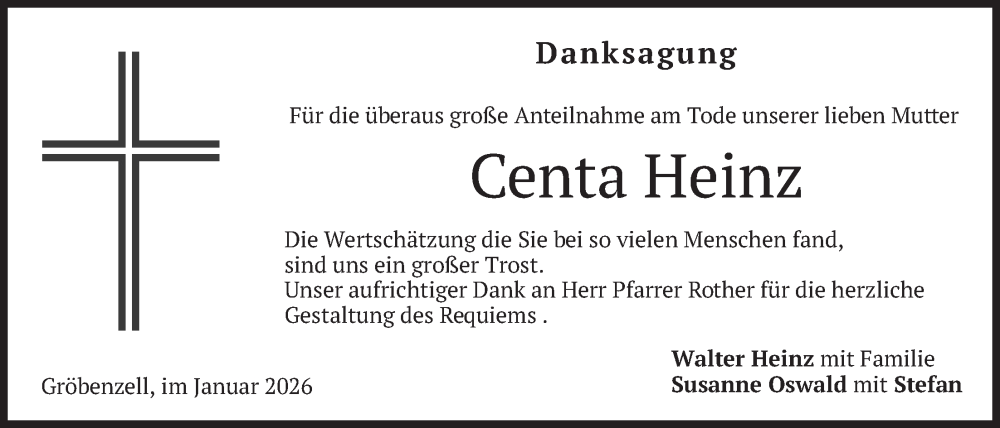  Traueranzeige für Centa Heinz vom 31.01.2026 aus merkurtz
