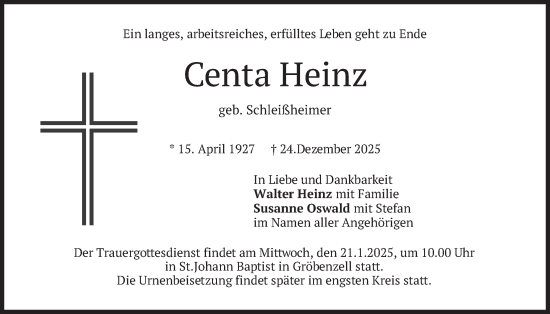 Traueranzeige von Centa Heinz von merkurtz