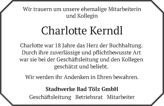 Traueranzeige von Charlotte Kerndl von merkurtz
